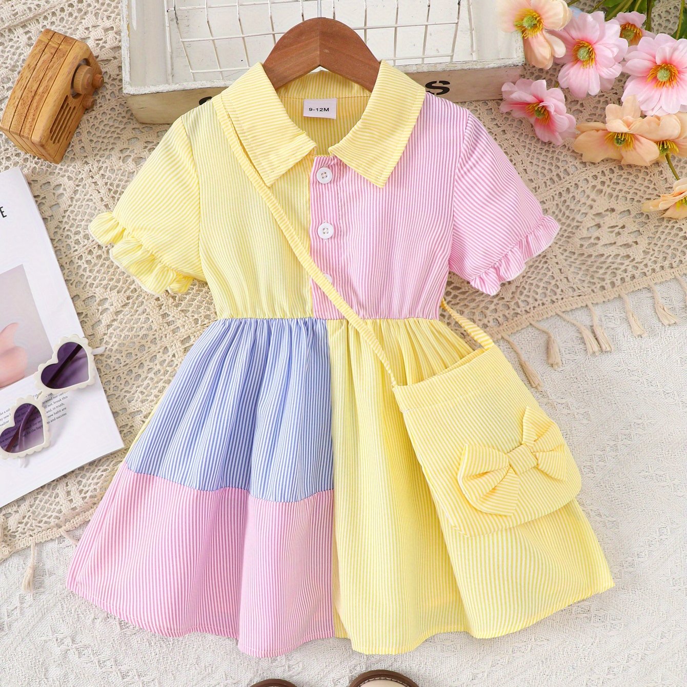 A Cute And Loose Summer Dress for Baby Girls Featuring Colorful Stripes And a Contrasting Design, Paired with a Bow Bag, Perfect for Vacation Relaxation And Everyday Wear – Image 14