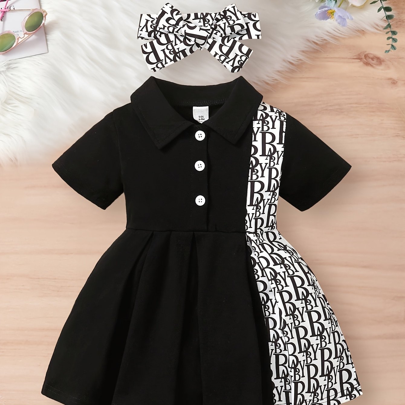 Summer Short-Sleeve Pleated Dress for Baby Girls with Letter Print, Suitable for Outings, Sold As a Single Piece – Image 6