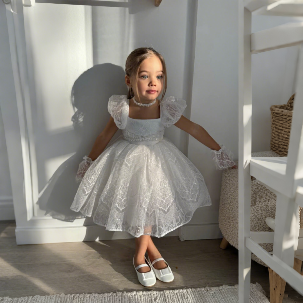 Robes de Mode pour Filles, Vêtements pour Enfants Princesse Fleur, Style Solide Formel, Mariage, Spectacle, Couleur Blanche