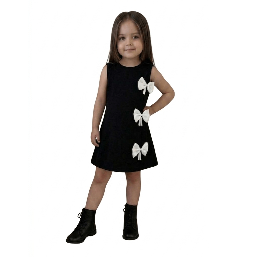 Robe de soirée monochrome pour filles avec nœud décoratif, petite robe trapèze sans manches en satin noir avec nœud