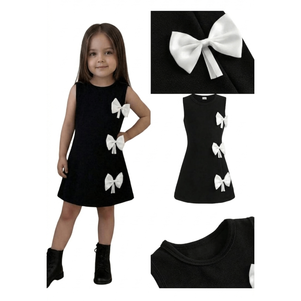 Robe de soirée monochrome pour filles avec nœud décoratif, petite robe trapèze sans manches en satin noir avec nœud – Image 3