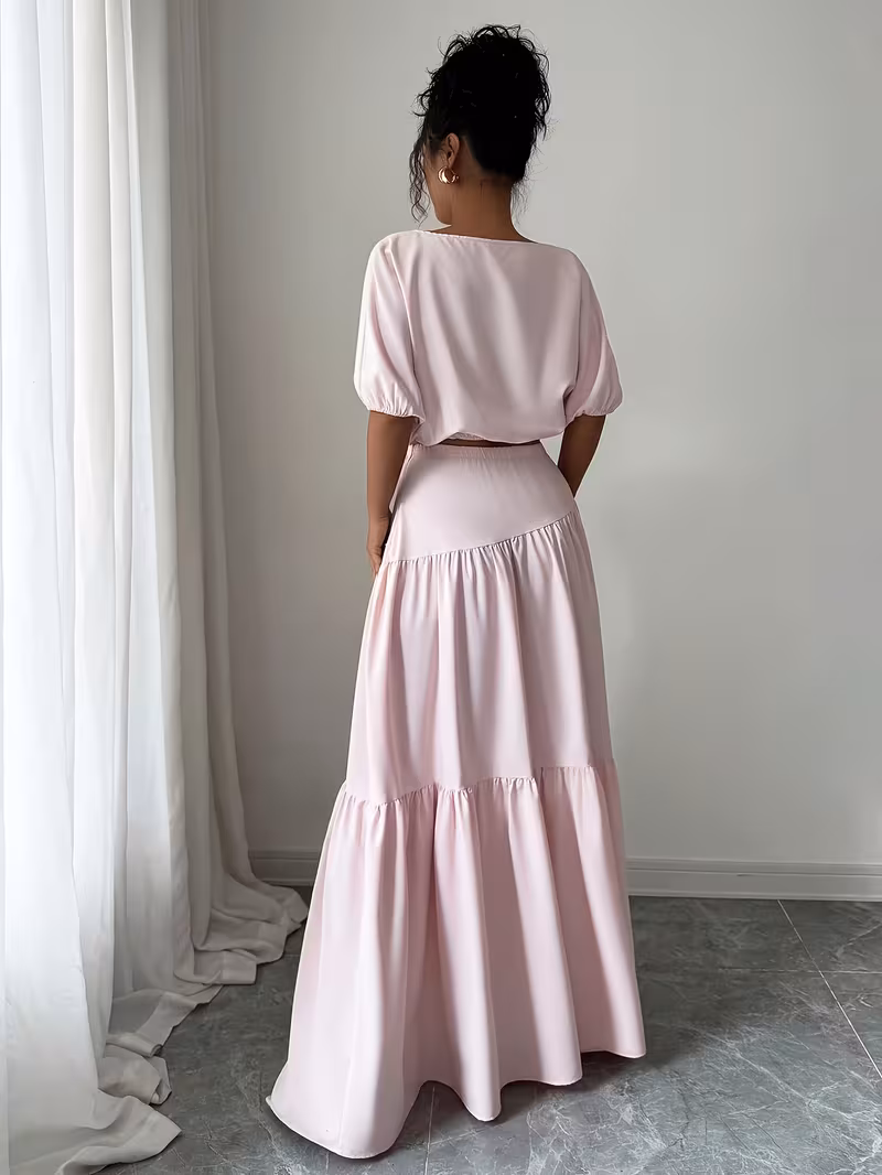 Ensemble 2 pièces : Haut à manches bouffantes style directionnel et jupe trapèze, style Pure Innocence Runaway Princess 2026, tenue flatteuse printemps été automne – Image 4