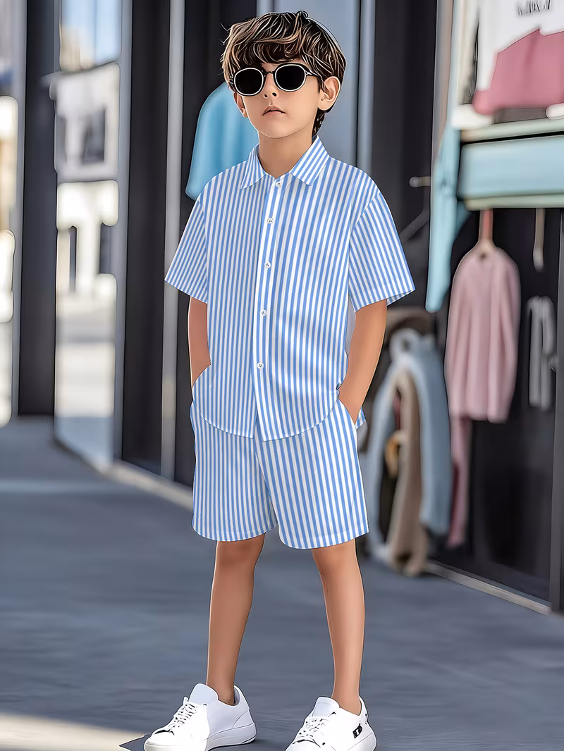 Ensemble décontracté 2 pièces pour garçons - Chemise boutonnée imprimée et short - Tenue d'été à manches courtes pour l'école, les jeux de plein air et le quotidien, pour l'extérieur, pour adolescent, pour adolescent