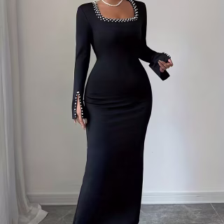 Robe mi-longue à manches longues et col carré pour femmes, ornée de perles, noire, tendance printemps/automne, tissu adapté pour sorties quotidiennes, rendez-vous, dîners et plus encore