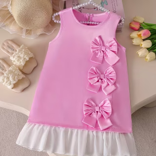 Robe d'été pour filles & Robe décontractée sans manches avec nœud & Belle robe mignonne et douce style été avec ourlet à volants