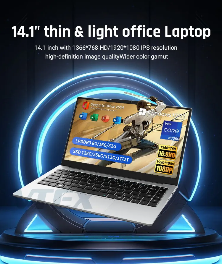 Ordinateur portable professionnel N3060 avec écran SSD de 14,1 pouces, confidentialité renforcée et accès facile.