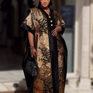 Grande Taille - Élégante Robe Maxi en Satin Jacquard Grande Taille avec Ceinture à Nouer, Longue Robe en Tissu Spécial