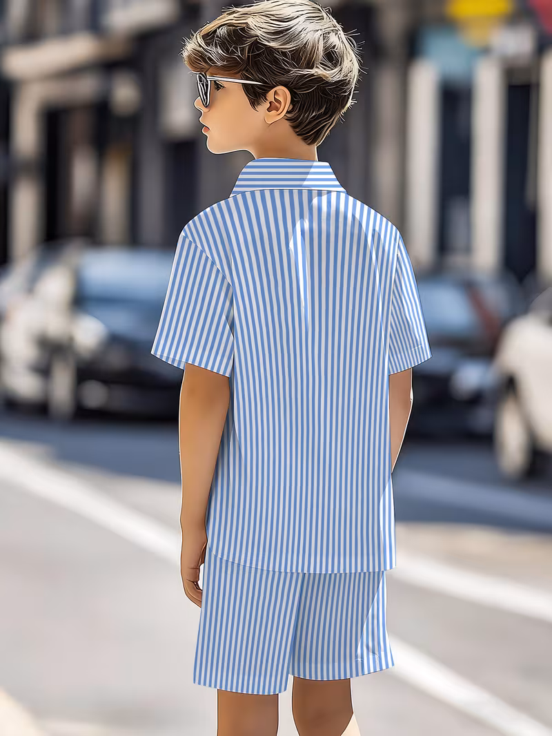 Ensemble décontracté 2 pièces pour garçons - Chemise boutonnée imprimée et short - Tenue d'été à manches courtes pour l'école, les jeux de plein air et le quotidien, pour l'extérieur, pour adolescent, pour adolescent – Image 2