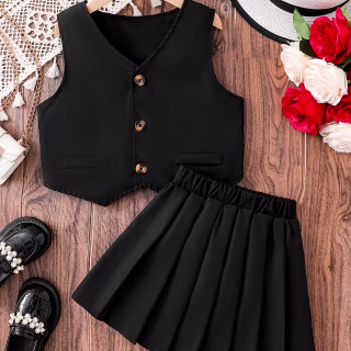 Ensemble 2 pièces pour filles : Débardeur facile et jupe, tenue d'été tendance, veste sans manches boutonnée pour tout-petits, haut à col en V et jupe plissée unie à taille élastique, ensemble débardeur et jupe pour filles, style décontracté, confortable et preppy, tailles 4-5-6-7-8