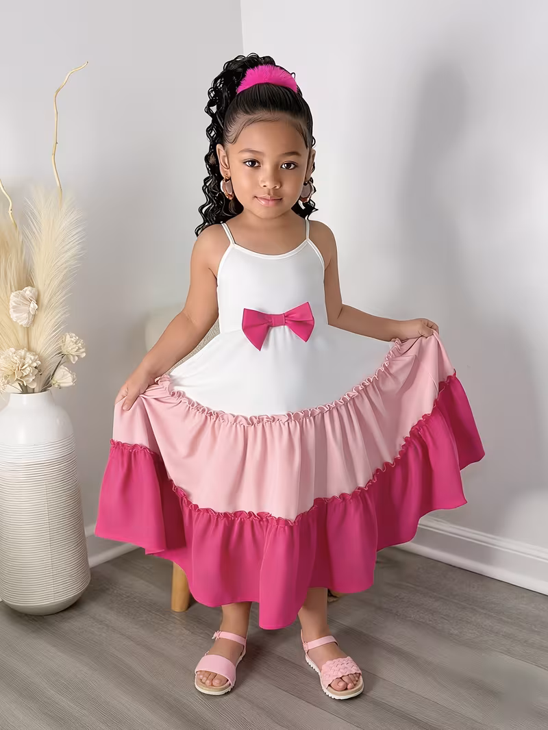 Robe débardeur d'été pour fille à blocs de couleur, robe de princesse avec nœud, cadeau d'anniversaire et de fêtes pour enfants, vêtement d'extérieur décontracté pour enfant de style mignon et doux, vêtement pour petite fille élégant, à la mode, respirant et confortable