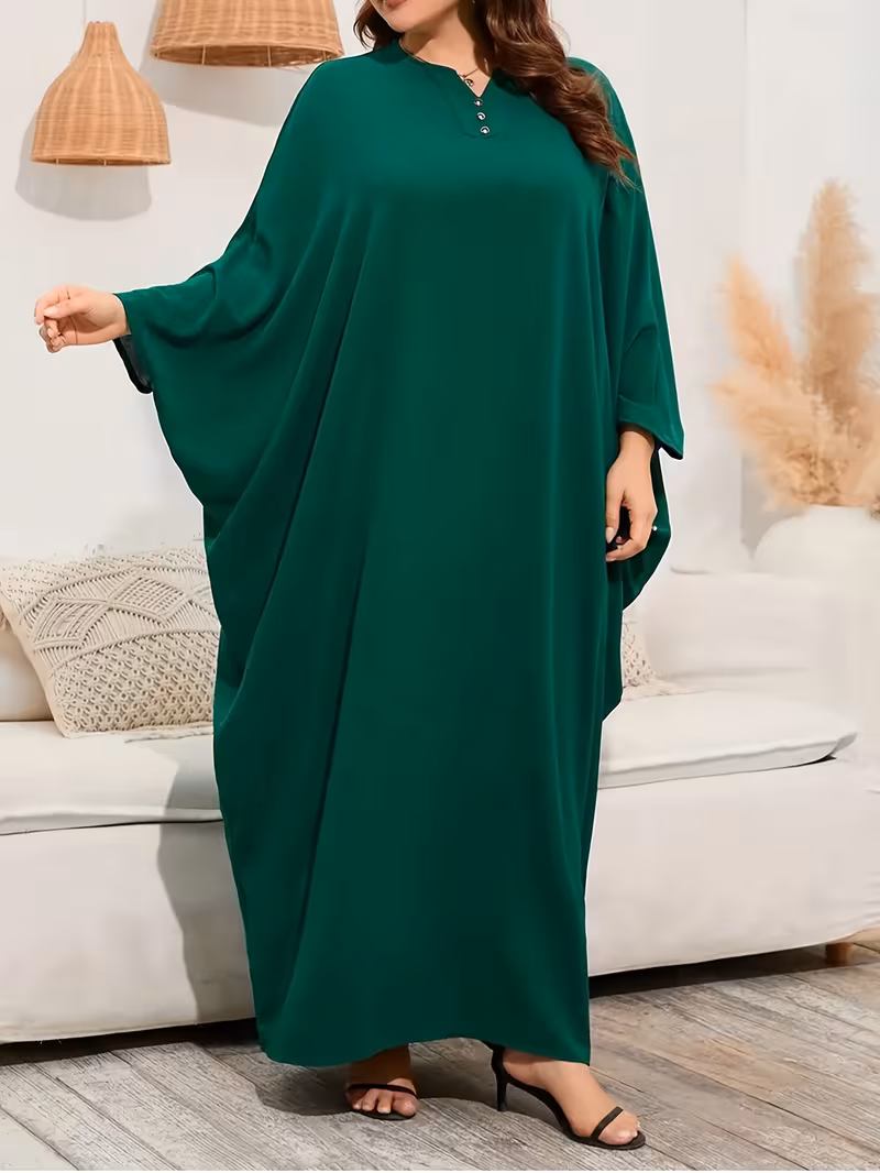ouvrésRobe Kaftan Femme à Manches Batwing pour Ramadan - Robe Maxi Unie avec Col Rond, Lavable en Machine & Confort Toutes Saisons, Style Traditionnel Ajusté pour Occasions Décontractées et Formelles, Vêtement Modeste Musulman, Silhouette Élégante, Tissu de Qualité