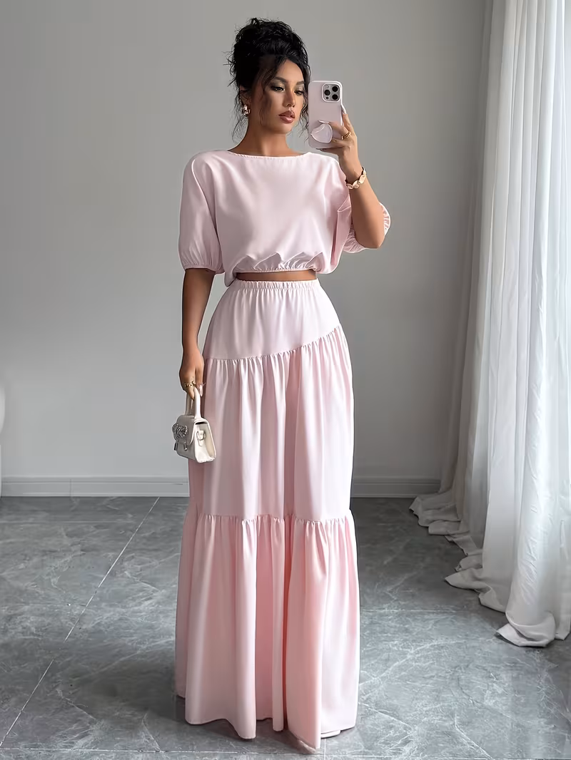 Ensemble 2 pièces : Haut à manches bouffantes style directionnel et jupe trapèze, style Pure Innocence Runaway Princess 2026, tenue flatteuse printemps été automne – Image 2