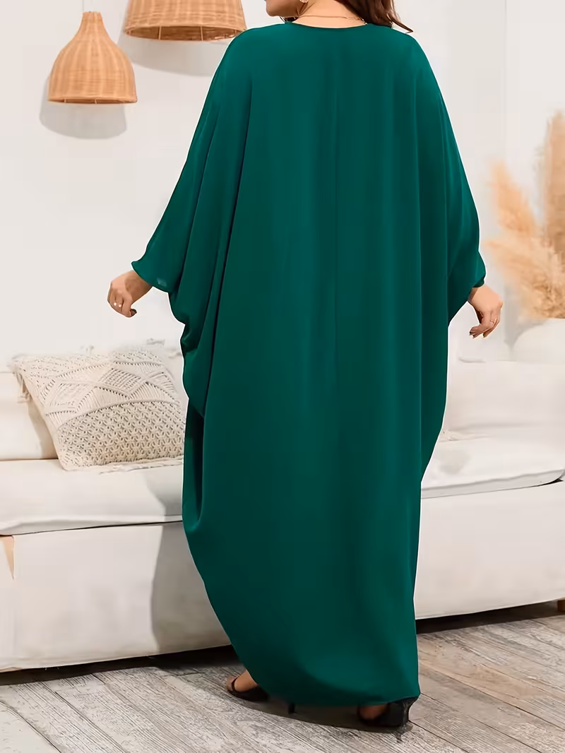 ouvrésRobe Kaftan Femme à Manches Batwing pour Ramadan - Robe Maxi Unie avec Col Rond, Lavable en Machine & Confort Toutes Saisons, Style Traditionnel Ajusté pour Occasions Décontractées et Formelles, Vêtement Modeste Musulman, Silhouette Élégante, Tissu de Qualité – Image 2