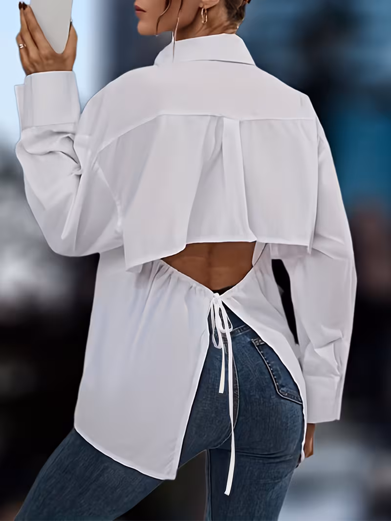 Chemise Élégante pour Femme à Dos Nu et à Manches Longues avec Nœud dans le Dos - Couleur Unie, Polyester, Lavable en Machine – Image 2