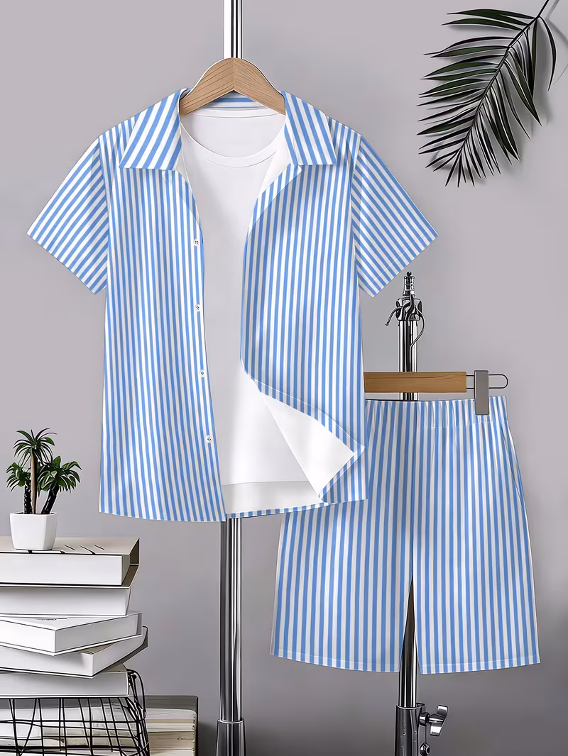 Ensemble décontracté 2 pièces pour garçons - Chemise boutonnée imprimée et short - Tenue d'été à manches courtes pour l'école, les jeux de plein air et le quotidien, pour l'extérieur, pour adolescent, pour adolescent – Image 3