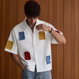 Chemise d'été décontractée pour hommes avec patchwork contrasté, chemise à manches courtes à revers tendance