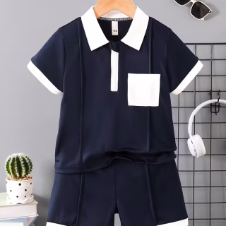 Ensemble d'été classique et tendance pour garçon, polo à revers zippé à manches courtes bleu marine + short doux, léger et hypoallergénique, ensemble 2 pièces, bordures contrastantes blanches sur les poignets, le col et l'ourlet, décoration de poche blanche sur la poitrine, un excellent choix de