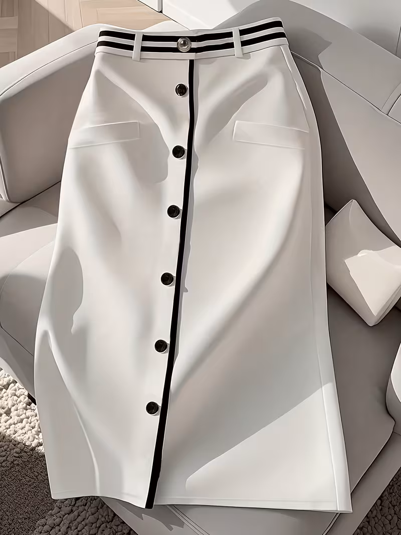 Jupe plissée blanche élégante à taille haute avec touches de boutons noirs - Tissu stylé, convient à toutes les saisons, un choix de mode printanière | Robe élégante