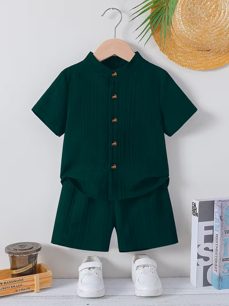 2 pièces ensemble garçon élégant, haut à col montant confortable avec ceinture élastique pour tenue décontractée d'été, idéal pour activités extérieures et usage quotidien