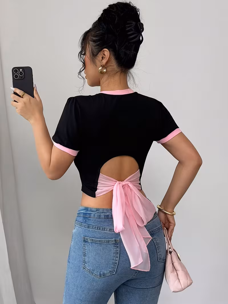 T-shirt Femme Été Manches Courtes Dos Nu et Ajouré