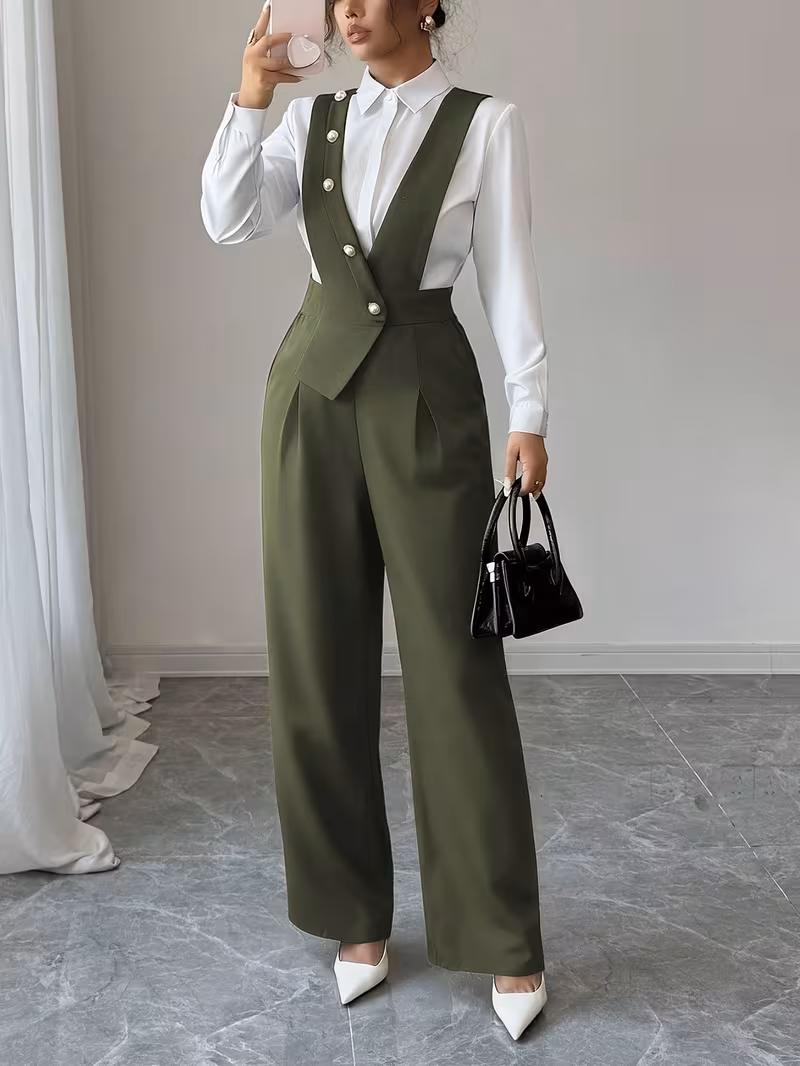 Nouvelle Collection Printemps/Été Européenne et Américaine Élégante Polyvalente Décontractée Couleur Unie Sans Manches Pantalon Complet Femme Jambes Larges Jambe Droite – Image 3