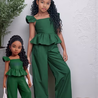 2pcs 1- Ensemble pour bébés filles, haut à manches bouffantes et volants de couleur unie, dos orné d'un nœud, pantalon long en tissu tissé, pour l'extérieur