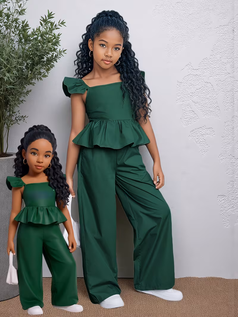 2pcs 1- Ensemble pour bébés filles, haut à manches bouffantes et volants de couleur unie, dos orné d'un nœud, pantalon long en tissu tissé, pour l'extérieur