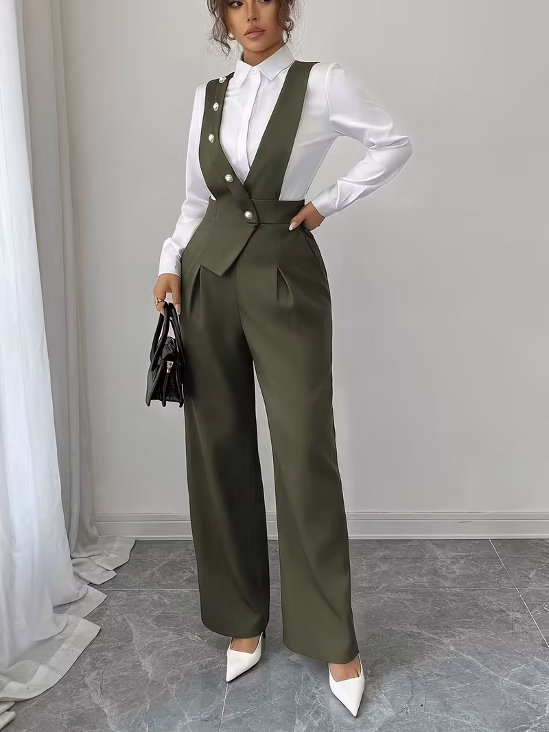 Nouvelle Collection Printemps/Été Européenne et Américaine Élégante Polyvalente Décontractée Couleur Unie Sans Manches Pantalon Complet Femme Jambes Larges Jambe Droite – Image 4