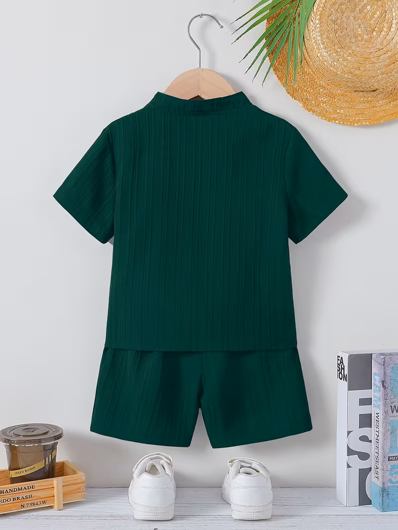 2 pièces ensemble garçon élégant, haut à col montant confortable avec ceinture élastique pour tenue décontractée d'été, idéal pour activités extérieures et usage quotidien – Image 3
