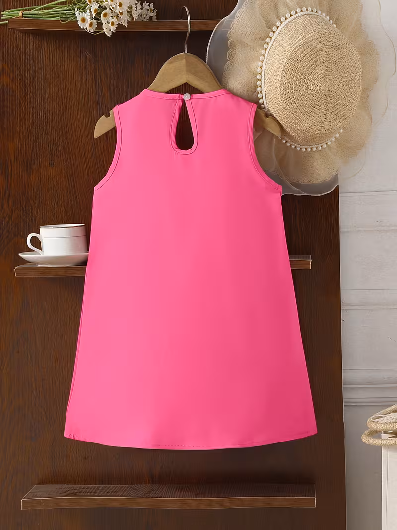 Robe décontractée d'été pour filles, couleur unie, ample, col rond, plissée, avec nœud décoratif, sans manches, longueur genou, vêtements pour filles – Image 3