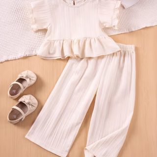 Ensemble d'été décontracté pour filles avec volants, manches courtes plissées et pantalon long, idéal pour le quotidien et les jeux en extérieur, parfait pour les fêtes d'anniversaire et les rassemblements, une idée cadeau parfaite pour l'extérieur.