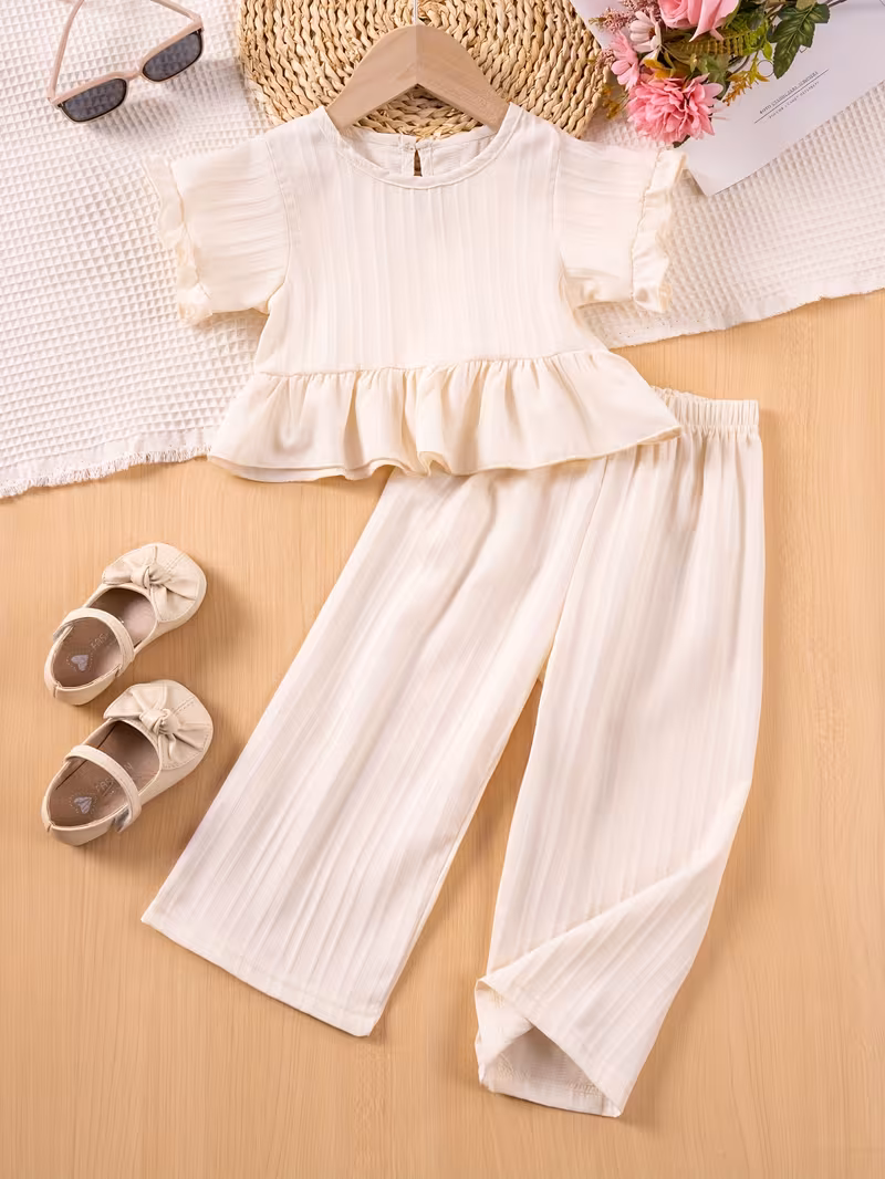 Ensemble d'été décontracté pour filles avec volants, manches courtes plissées et pantalon long, idéal pour le quotidien et les jeux en extérieur, parfait pour les fêtes d'anniversaire et les rassemblements, une idée cadeau parfaite pour l'extérieur.