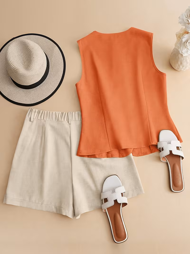 Ensemble décontracté pour femme avec débardeur et short de couleur unie – Image 2