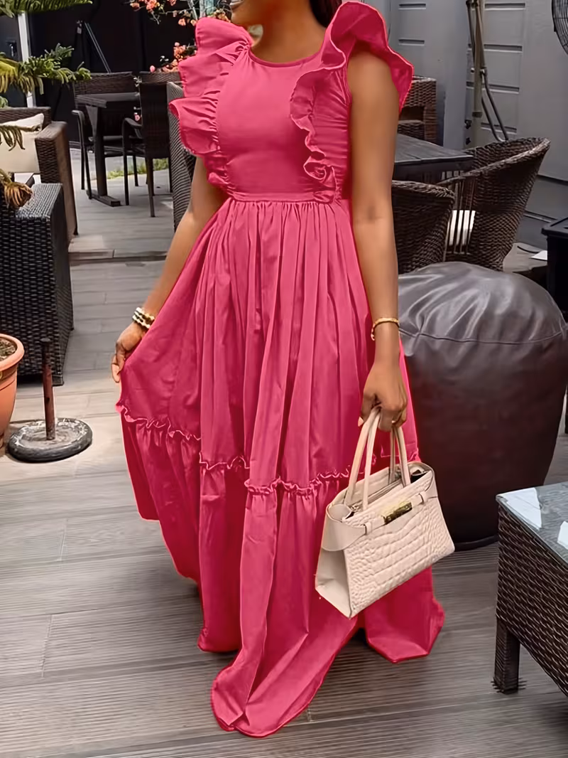 Nouvelle robe éclatante à manches volantées et plissée en flared