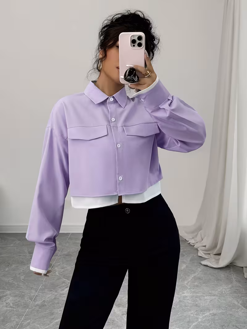 Chemise Femme Automne Nouvelle Arrivée Manches Longues Color-Block, Style Décontracté Élégant pour Affaires – Image 3