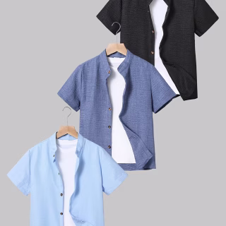 Lot de 3 vêtements pour grands garçons, chemises pour garçons pour le printemps, l'été, l'automne, la rentrée scolaire, la saison des remises de diplômes, chemises décontractées à la mode à col montant en tissu uni tissé, adaptées pour l'extérieur, la rentrée scolaire, les remises de diplômes