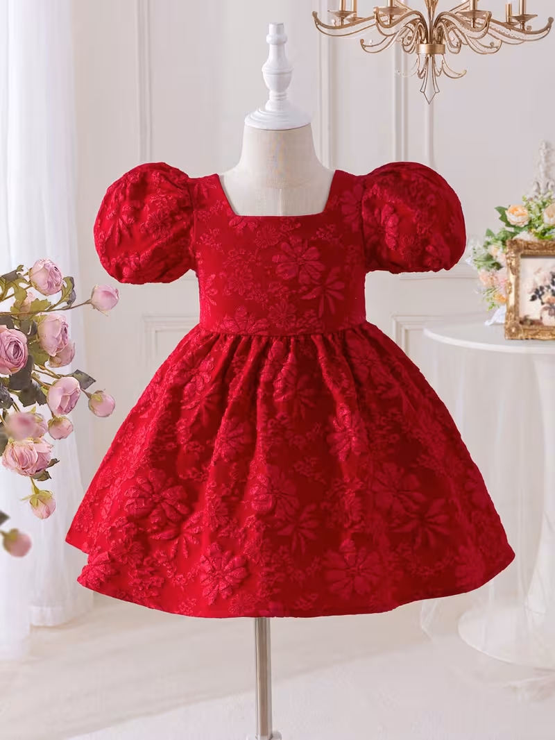 Nouvelle Arrivée Été Fille - Robe Princesse Jacquard à Manches Boules et Dos Nu avec Grand Nœud 3D, Idéale pour Vacances en Plein Air – Image 2