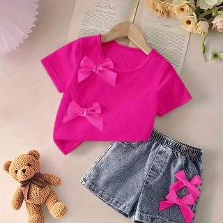 Ensemble 2 pièces en jean pour fille, 2 pièces, nœud, jolis jeans Y2K pour fille + T-shirt à nœud, jean délavé à flocons de neige - Coupe ample, taille élastique, jean doux et confortable, adapté pour l'été - Parfait pour l'école, les festivals et les sorties décontractées - Cadeau idéal, parfait