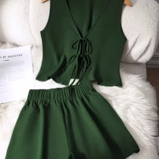 Ensemble 2 pièces printemps-été pour femmes, élégant, couleur unie, comprenant un débardeur sans manches avec nœud sur le devant et un shor