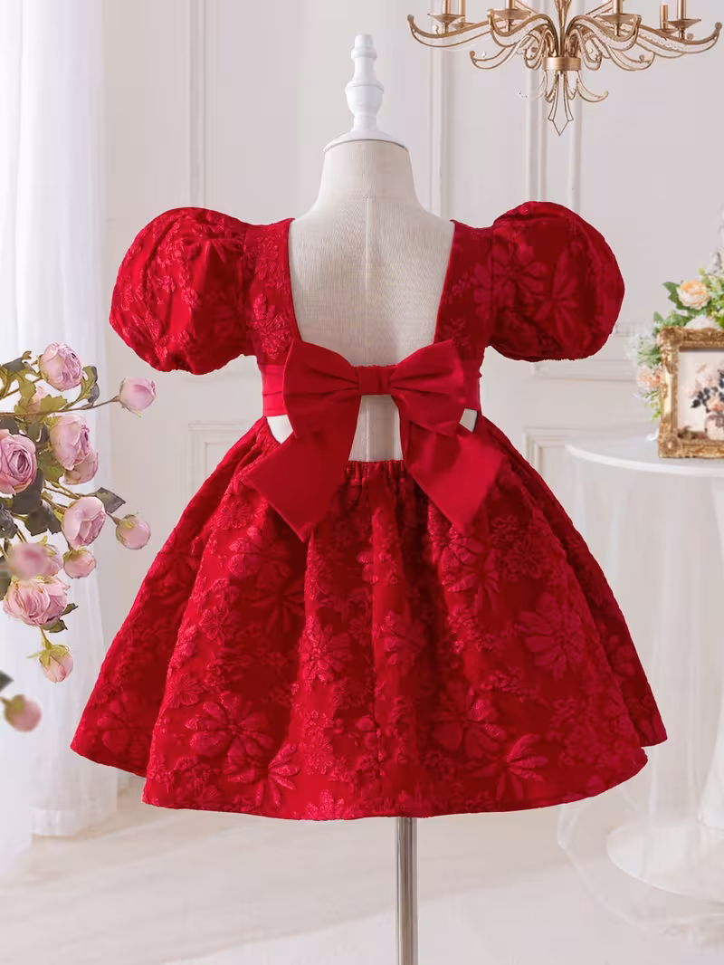 Nouvelle Arrivée Été Fille - Robe Princesse Jacquard à Manches Boules et Dos Nu avec Grand Nœud 3D, Idéale pour Vacances en Plein Air