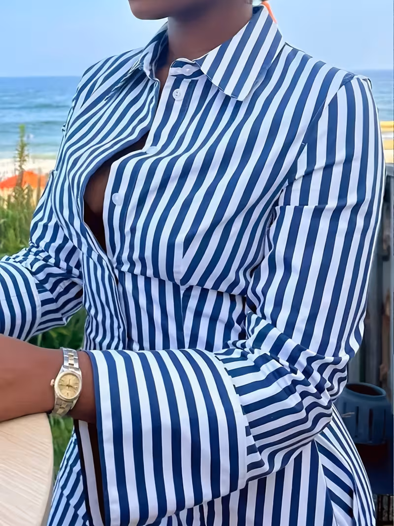 Robe Chemise à Manches Longues Rayée avec Boutonnage et Poche pour Femme - Idéale pour les Vacances – Image 2