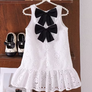 Robe fille tendance brodée sans manches avec grand nœud