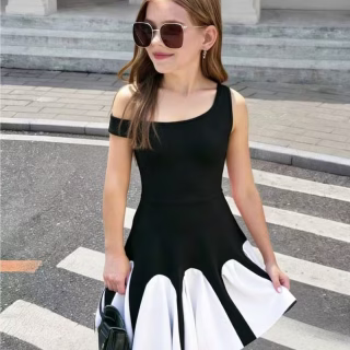 Robe d'été pour filles, mode printemps, noir et blanc contrasté, épaules dénudées asymétriques, ourlet jupe parapluie, idéale pour les sorties quotidiennes, tenue décontractée, cadeau parfait. Robe pour filles de 7 à 14 ans. Style vacances.