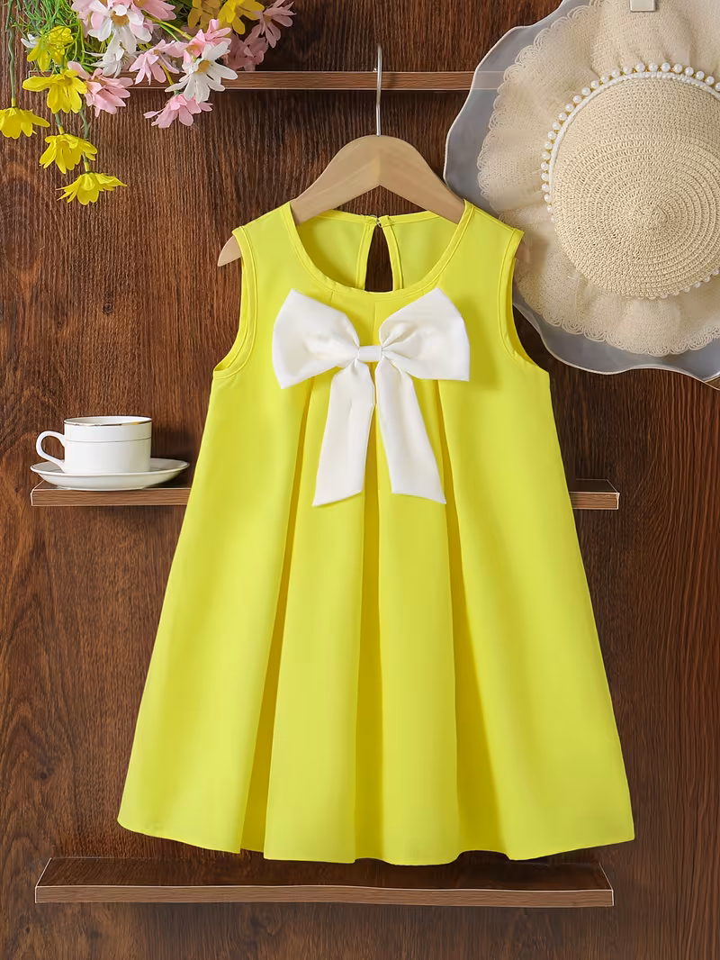 Robe décontractée d'été pour filles, couleur unie, ample, col rond, plissée, avec nœud décoratif, sans manches, longueur genou, vêtements pour filles – Image 2