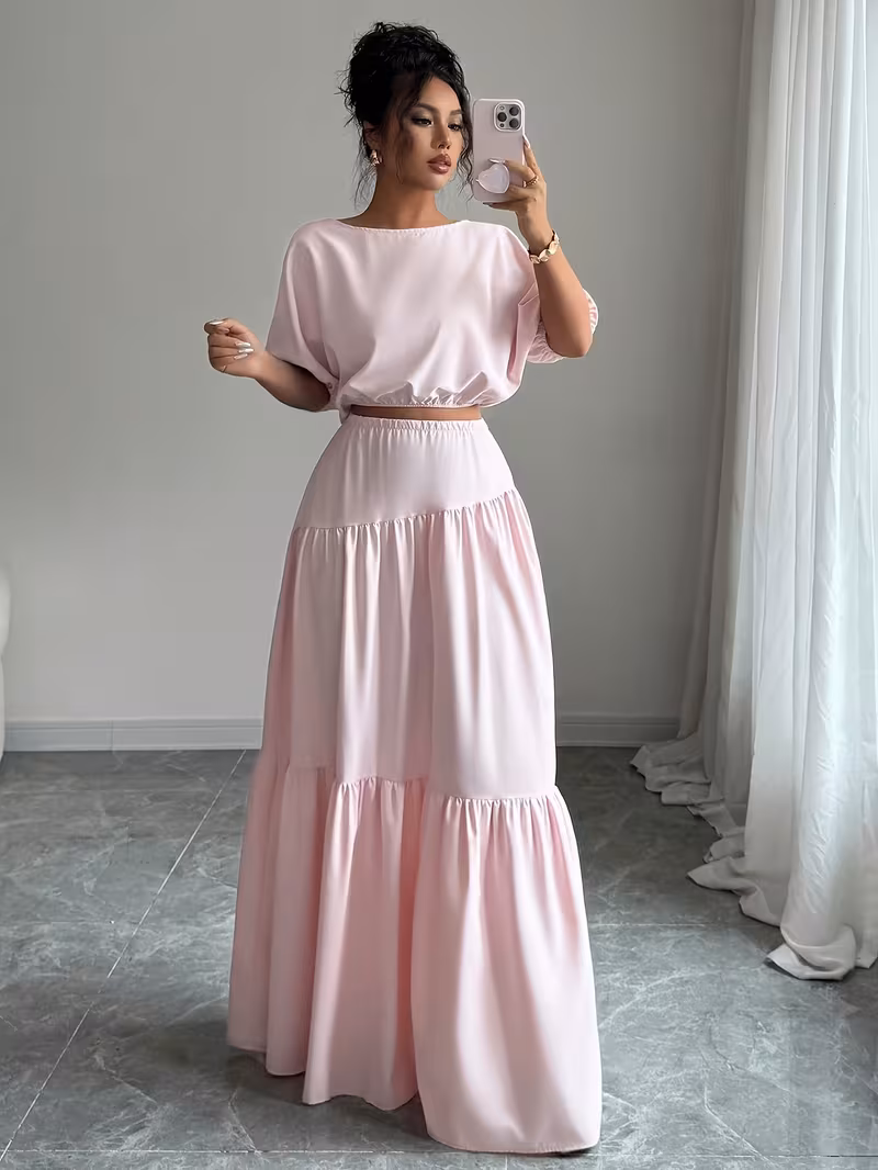 Ensemble 2 pièces : Haut à manches bouffantes style directionnel et jupe trapèze, style Pure Innocence Runaway Princess 2026, tenue flatteuse printemps été automne