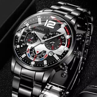 Montre à quartz élégante pour homme, noire, avec calendrier et ensemble de bijoux en forme de croix