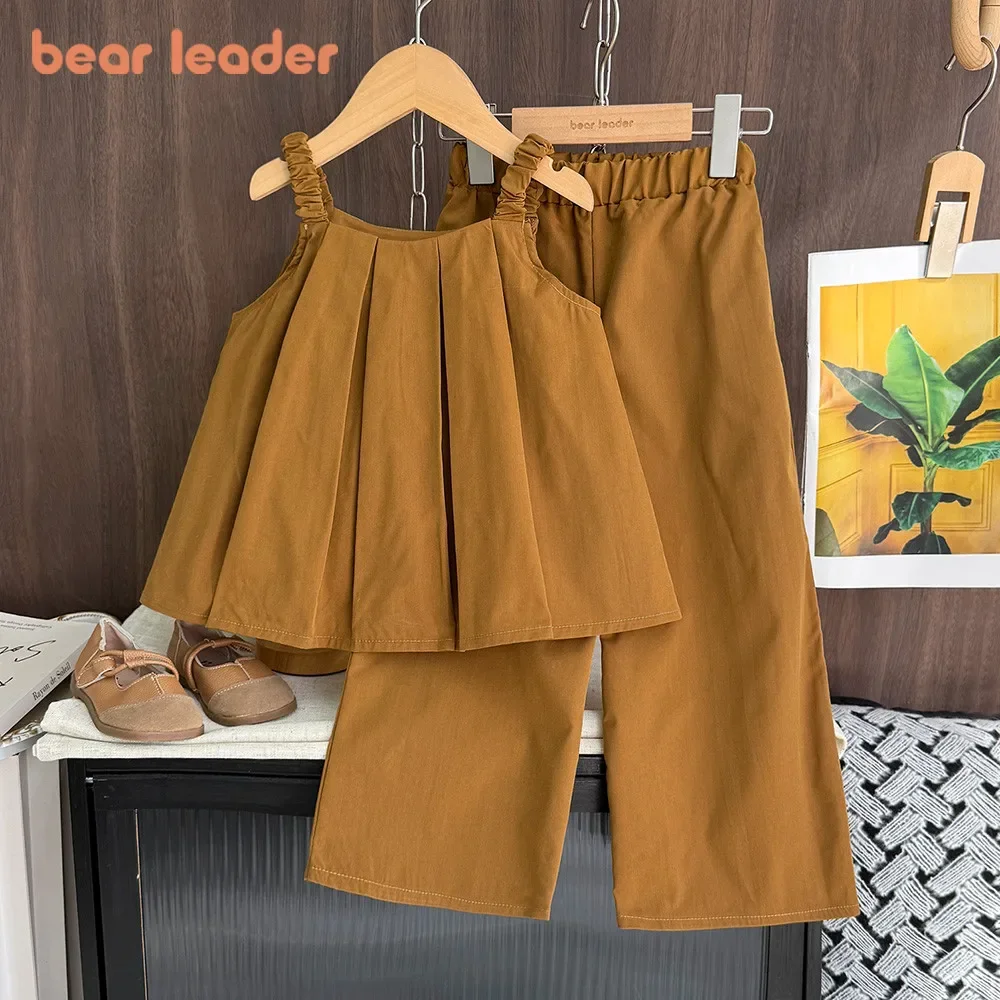 Ensemble Ours pour filles, version coréenne, été, t-shirt plissé kaki + pantalon long, deux pièces, tenues mode enfant unies