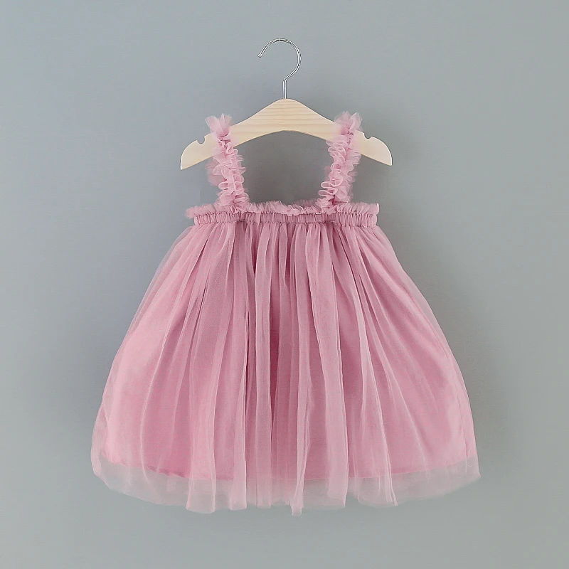 Robe en tulle pour bébé fille, ravissante robe d'été unie plissée sans manches, robe tutu de fête pour enfant, vêtements roses de baptême de princesse – Image 2