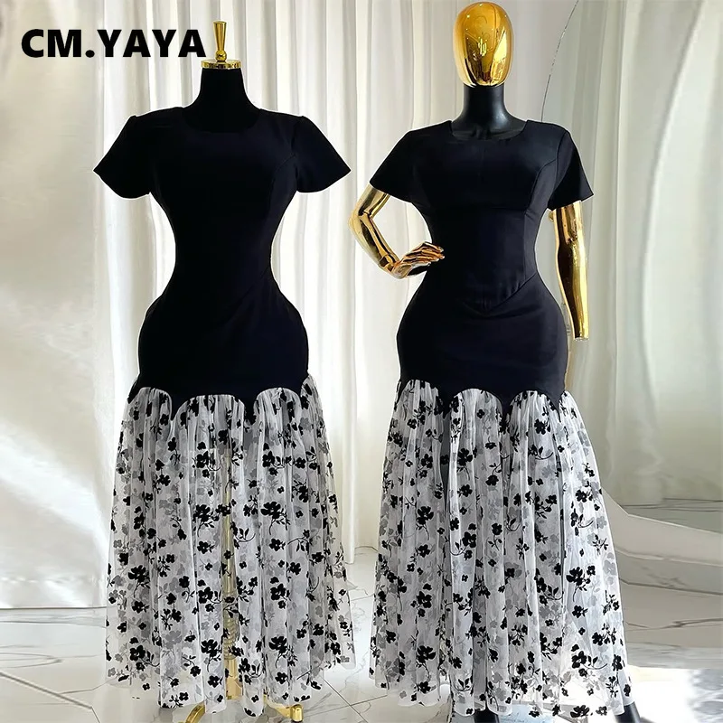 CM.YAYA Women Short Sleeve O-neck Mesh Floral Printed Long Maxi Bodycon Mermaid Dress 2025 Birthday Night Party Vestidos Dresses – Image 4