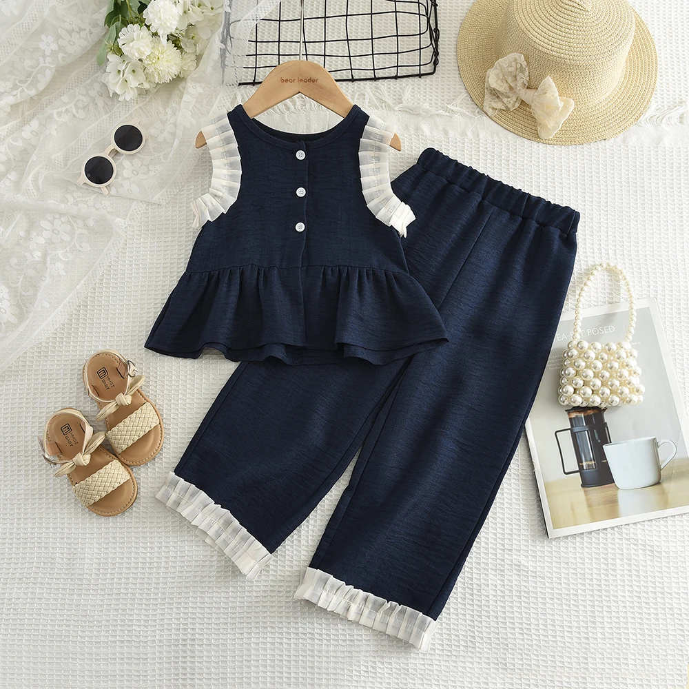 Ensemble deux pièces pour enfants Bear Leader, version coréenne, fille, bleu imitation denim, haut sans manches et pantalon large. – Image 17
